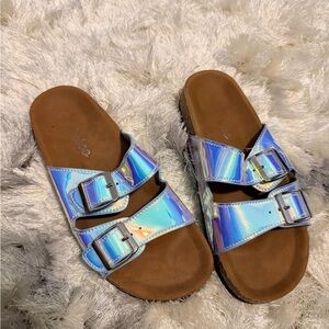 BAMBOO Iridescent Holographic Double Buckle Slide Sandals - Blue/Purple Shift